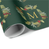 Kerstmonogram  Holly Wreath Cadeaupapier (Rol Hoek)