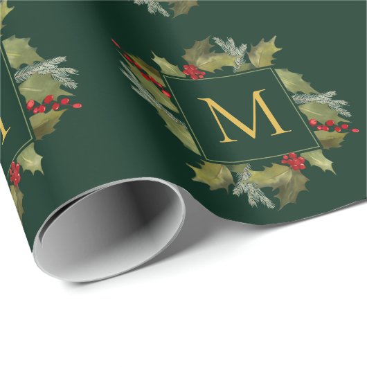 Kerstmonogram  Holly Wreath Cadeaupapier (Rol Hoek)