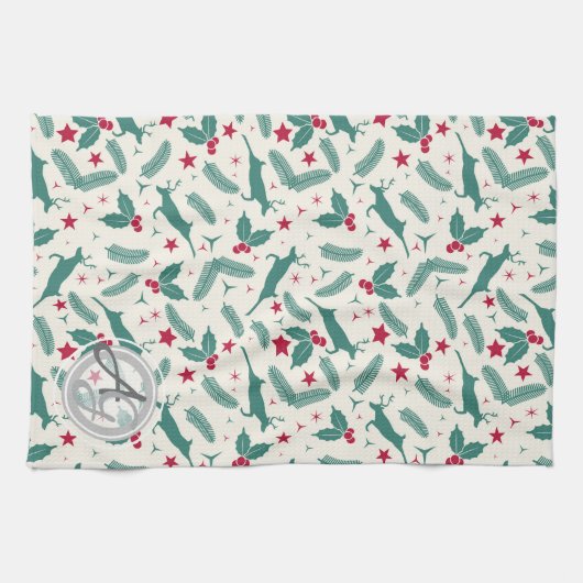 Kerstmonogram Huis Decoratie Hert Hulst Folklore Theedoek (Horizontaal)