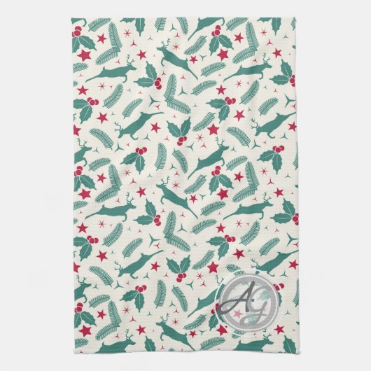 Kerstmonogram Huis Decoratie Hert Hulst Folklore Theedoek (Verticaal)