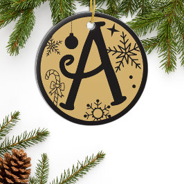 Kerstmonogram Letter A Black Gold Keramisch Ornament