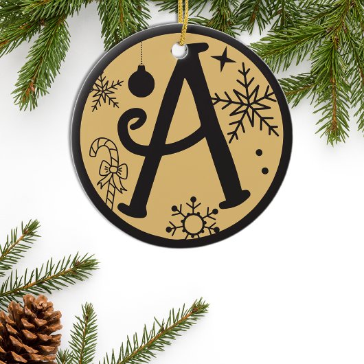 Kerstmonogram Letter A Black Gold Keramisch Ornament