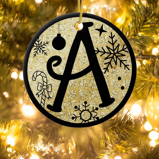 Kerstmonogram Letter A Zwart Goud Glitter Keramisch Ornament