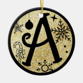 Kerstmonogram Letter A Zwart Goud Glitter Keramisch Ornament (Voorkant)