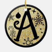 Kerstmonogram Letter A Zwart Goud Glitter Keramisch Ornament (Achterkant)