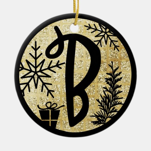 Kerstmonogram Letter B Black Gold Glitter Keramisch Ornament (Voorkant)