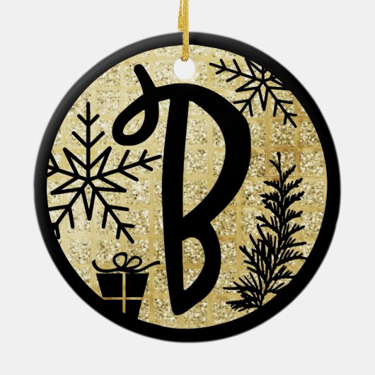 Kerstmonogram Letter B Black Gold Glitter Keramisch Ornament (Achterkant)