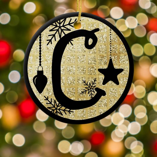 Kerstmonogram Letter C Zwart Goud Glitter Keramisch Ornament