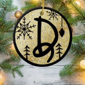 Kerstmonogram Letter D Black Gold Glitter Keramisch Ornament