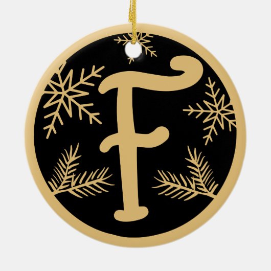 Kerstmonogram Letter F Gold Black Keramisch Ornament (Achterkant)