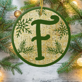 kerstmonogram Letter F Green Gold Glitter Keramisch Ornament
