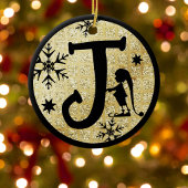 Kerstmonogram Letter J Black Gold Glitter Keramisch Ornament