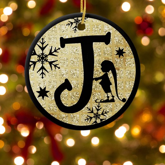 Kerstmonogram Letter J Black Gold Glitter Keramisch Ornament