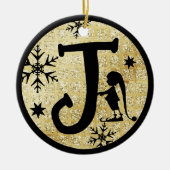 Kerstmonogram Letter J Black Gold Glitter Keramisch Ornament (Voorkant)