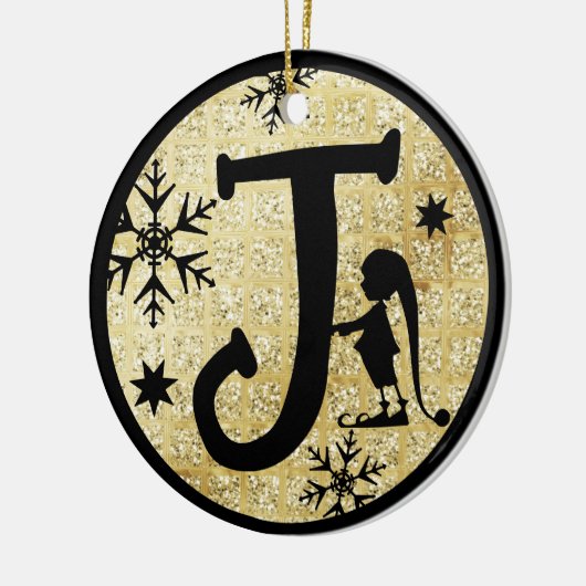 Kerstmonogram Letter J Black Gold Glitter Keramisch Ornament (Links)