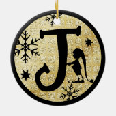 Kerstmonogram Letter J Black Gold Glitter Keramisch Ornament (Achterkant)