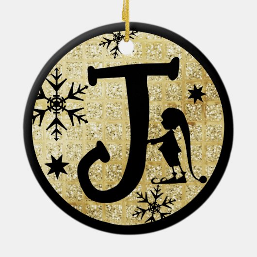 Kerstmonogram Letter J Black Gold Glitter Keramisch Ornament (Achterkant)