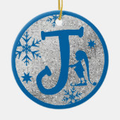 Kerstmonogram Letter J Blue Silver Glitter Keramisch Ornament (Voorkant)
