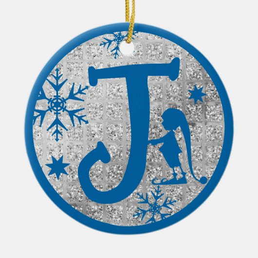 Kerstmonogram Letter J Blue Silver Glitter Keramisch Ornament (Voorkant)
