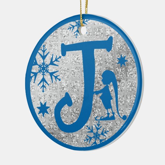 Kerstmonogram Letter J Blue Silver Glitter Keramisch Ornament (Links)
