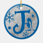 Kerstmonogram Letter J Blue Silver Glitter Keramisch Ornament (Achterkant)