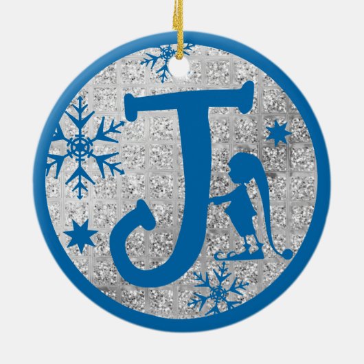 Kerstmonogram Letter J Blue Silver Glitter Keramisch Ornament (Achterkant)