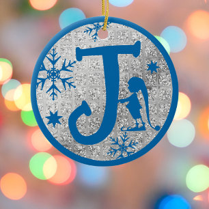 Kerstmonogram Letter J Blue Silver Glitter Keramisch Ornament
