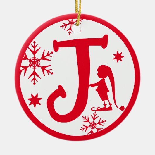 Kerstmonogram Letter J Red White Keramisch Ornament (Voorkant)