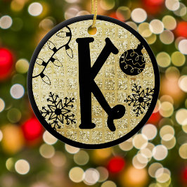 Kerstmonogram Letter K Black Gold Glitter Keramisch Ornament