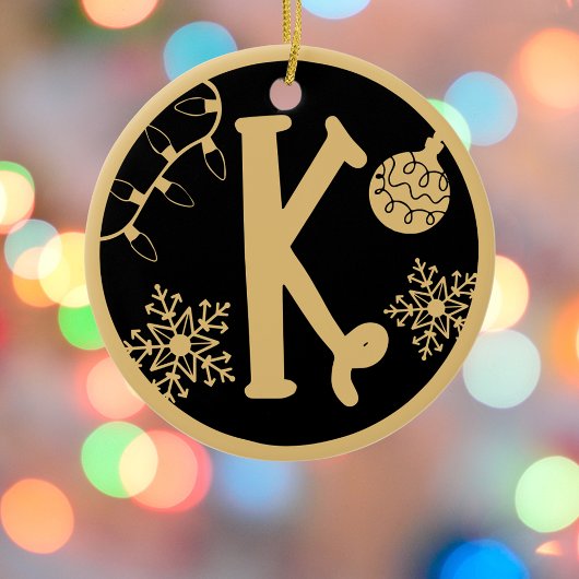 Kerstmonogram Letter K Gold Black Keramisch Ornament