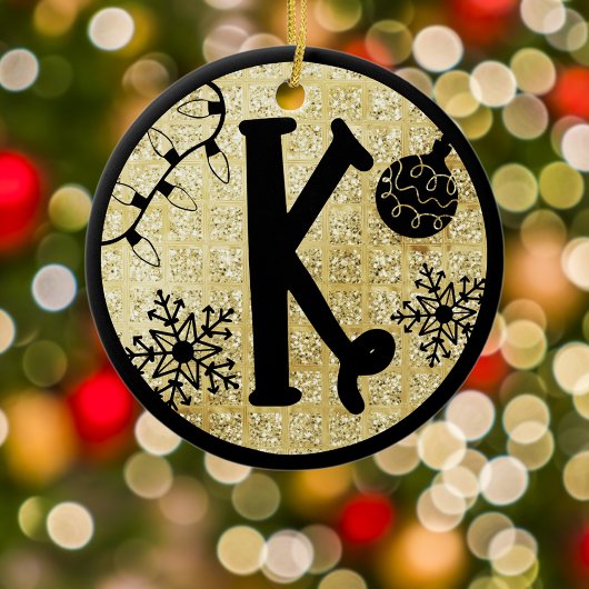 Kerstmonogram Letter K Zwart Goud Glitter Keramisch Ornament