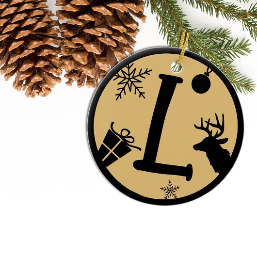 Kerstmonogram Letter L Black Gold Keramisch Ornament