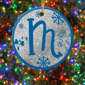 Kerstmonogram Letter M Blue Silver Glitter Keramisch Ornament