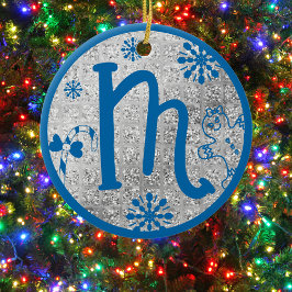 Kerstmonogram Letter M Blue Silver Glitter Keramisch Ornament