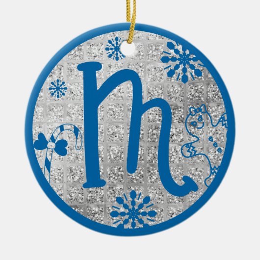 Kerstmonogram Letter M Blue Silver Glitter Keramisch Ornament (Voorkant)