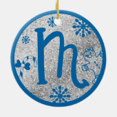 Kerstmonogram Letter M Blue Silver Glitter Keramisch Ornament (Achterkant)