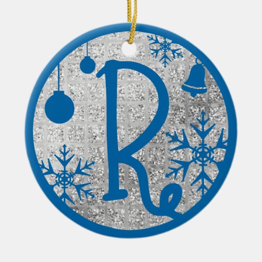 kerstmonogram letter R Blue Silver Glitter Keramisch Ornament (Voorkant)