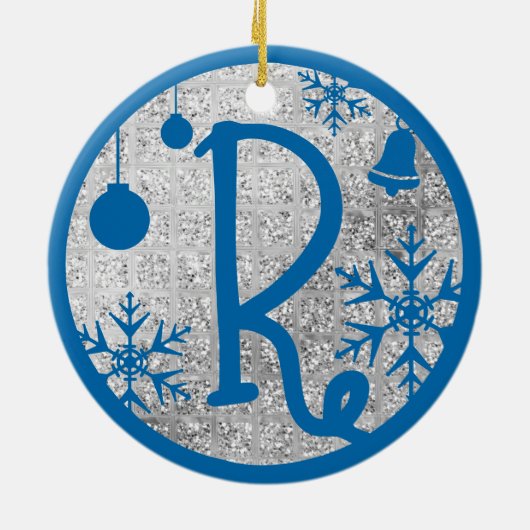kerstmonogram letter R Blue Silver Glitter Keramisch Ornament (Achterkant)