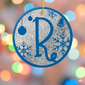 kerstmonogram letter R Blue Silver Glitter Keramisch Ornament