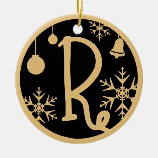 Kerstmonogram Letter R Gold Black Keramisch Ornament (Voorkant)