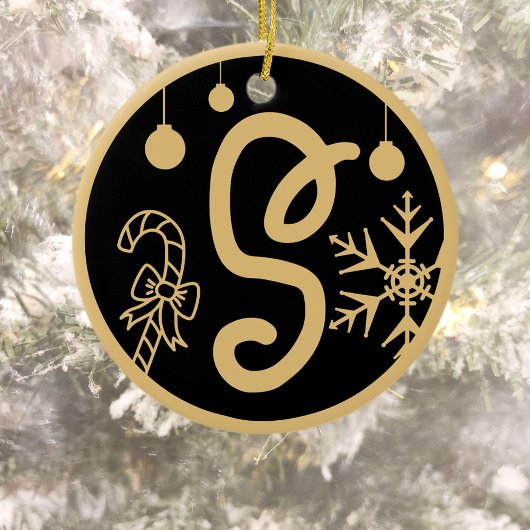 Kerstmonogram Letter S Gold Black Keramisch Ornament