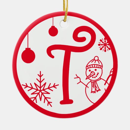Kerstmonogram Letter T Red White Keramisch Ornament (Voorkant)