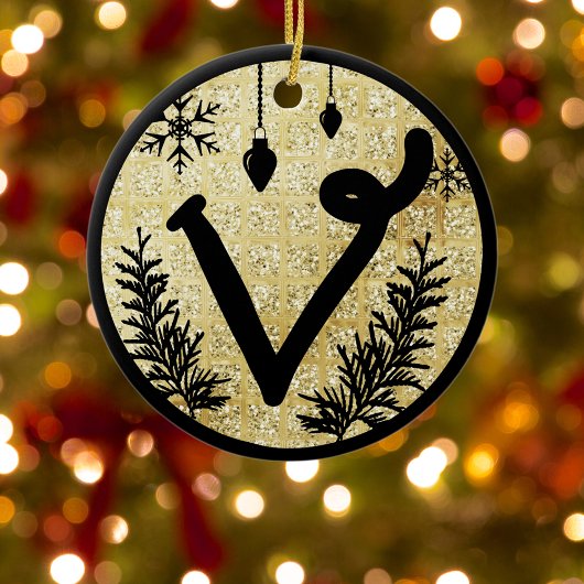 Kerstmonogram Letter V Black Gold Glitter Keramisch Ornament
