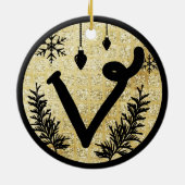 Kerstmonogram Letter V Black Gold Glitter Keramisch Ornament (Achterkant)