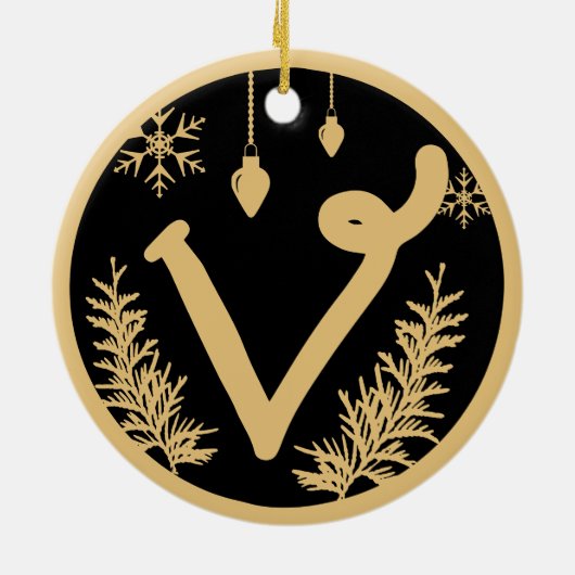 Kerstmonogram Letter V Gold Black Keramisch Ornament (Achterkant)