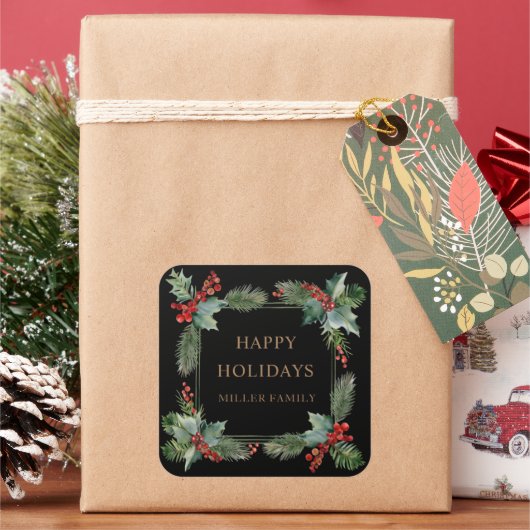 Kerstmonogram met rode bessen Gelukkig Kerstfeest Vierkante Sticker (Feestdagen)