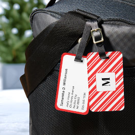Kerstmonogram met rode en witte candy streep bagagelabel