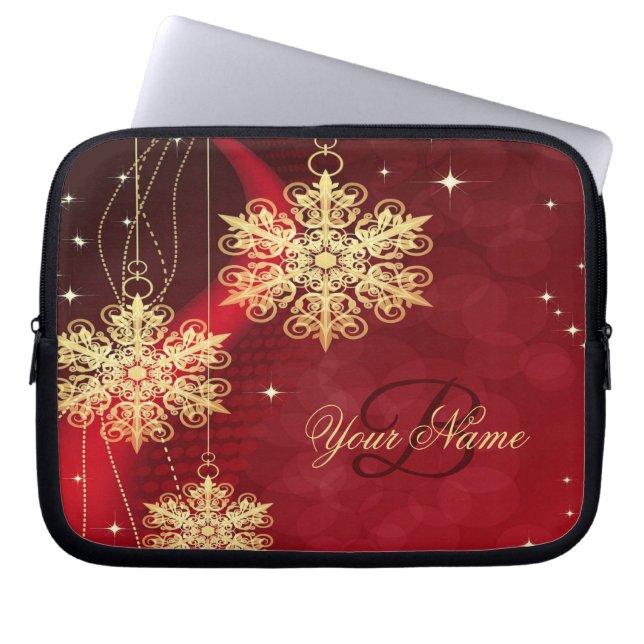 Kerstmonogram Naam Rode Golden Snowflakes Gift Laptop Sleeve (Voorkant)