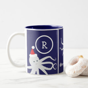 Kerstmonogram Octopus Santa Hat Blue Tweekleurige Koffiemok