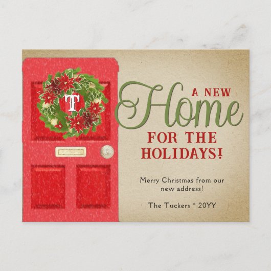 Kerstmonogram op rode deur in beweging briefkaart (Voorkant)